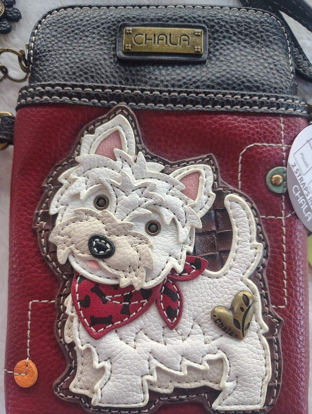 Chala Red Crossbody Phone Bag with Puppy Applique and Black Trim - Picture 3 of 8